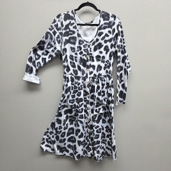OUGES Dress Womens XL Black White Leopard Print Button Front Pockets Long Sleeve - Picture 1 of 10